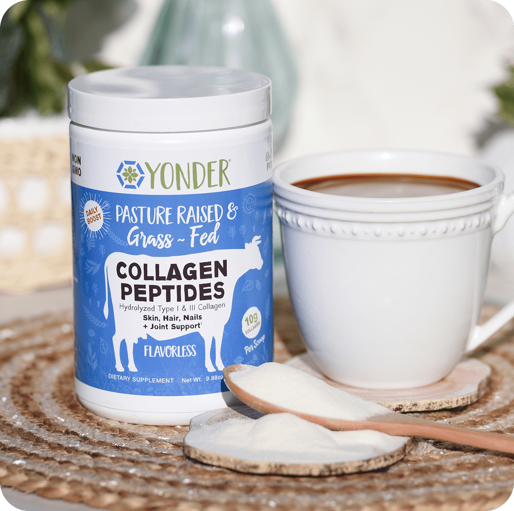 Yonder Flavorless Collagen Peptides with coffee cup