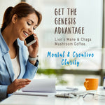 Woman on phone at desk, smiling.