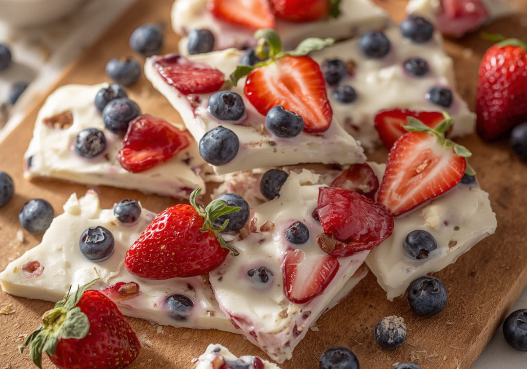 Red, white and blue collagen yogurt bark broken into pieces on a wood board with fresh strawberries and blueberries