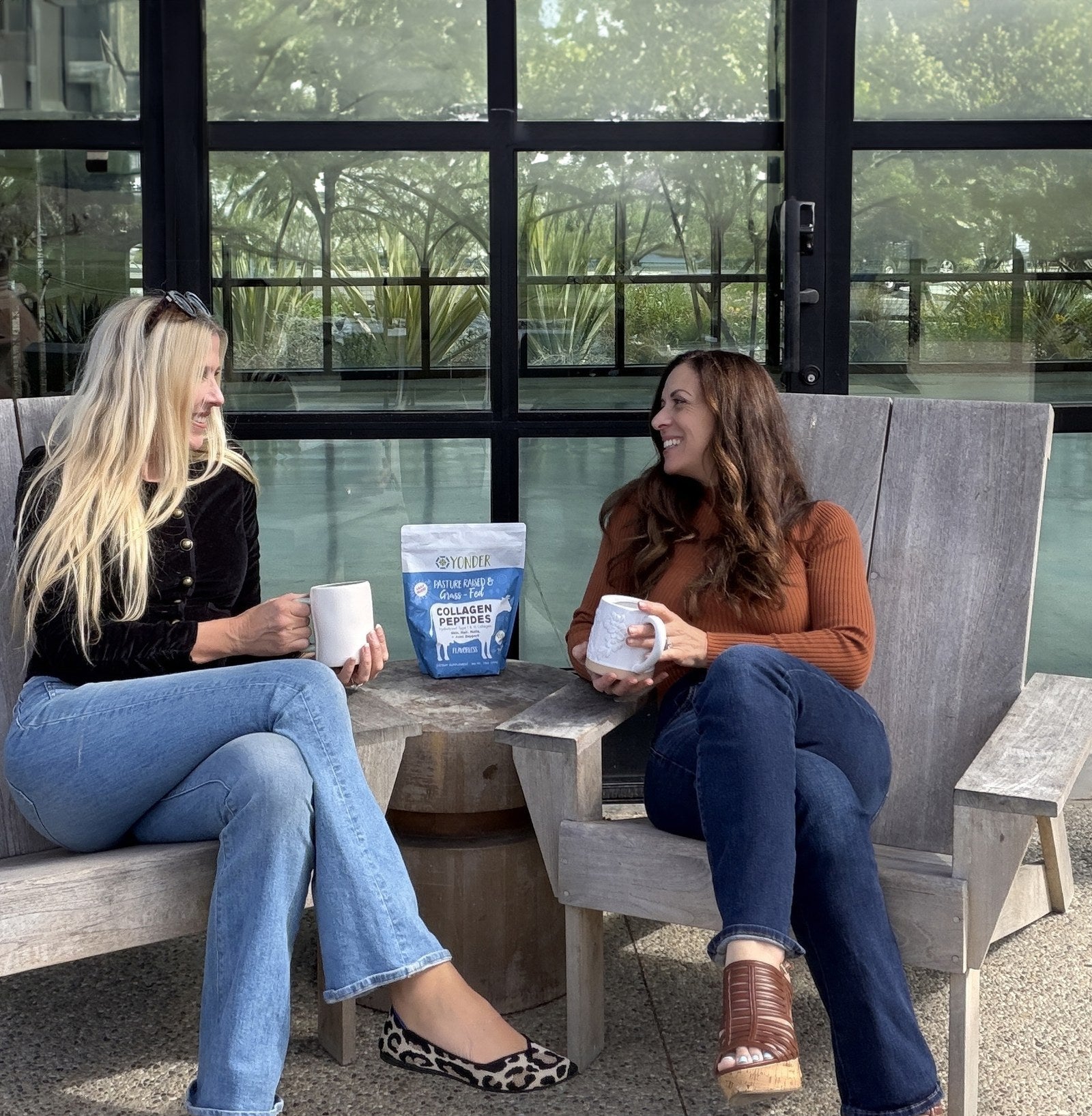 Sheri and Gina, founders of Yonder, having coffee with Yonder grass-fed collagen peptides