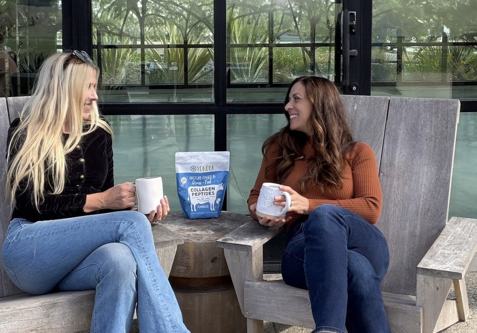 Sheri and Gina, founders of Yonder, having coffee with Yonder grass-fed collagen peptides
