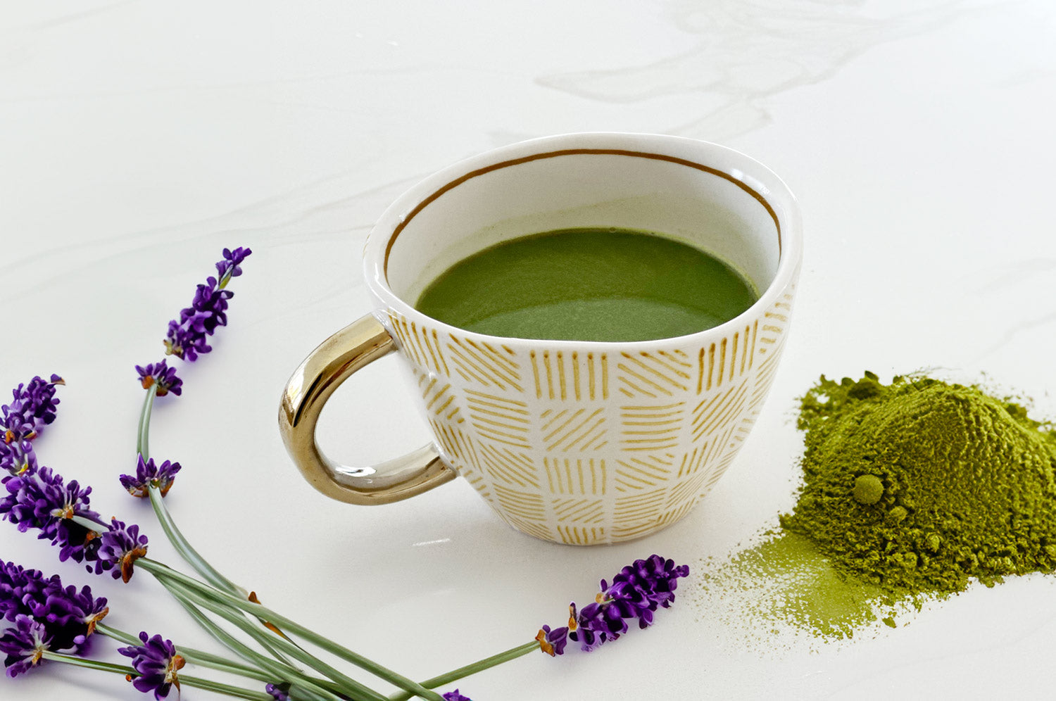 Healthy lavender matcha latte with collagen