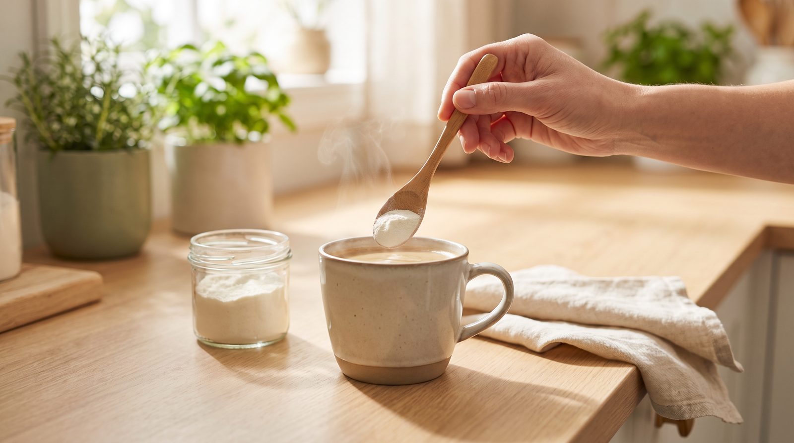 Unflavored grass-fed collagen powder stirred into a mug of coffee