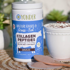 Yonder Collagen Peptides Chocolate powder with a drink