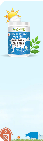 Grass-fed collagen supplement with cow & barn scene.