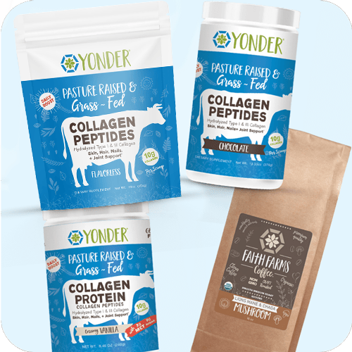 Yonder collagen peptides, collagen protein and Faith Farms mushroom coffee