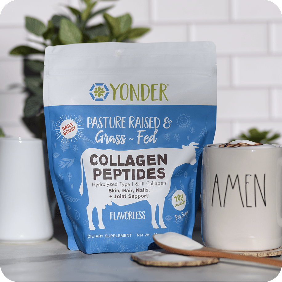 A bag of Yonder Grass-Fed Collagen Peptides Flavorless on a kitchen counter