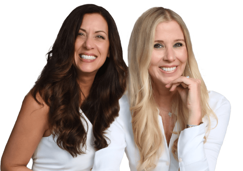 Two founder women, Sheri Geoffreys with long hair smiling against a white background translucent background