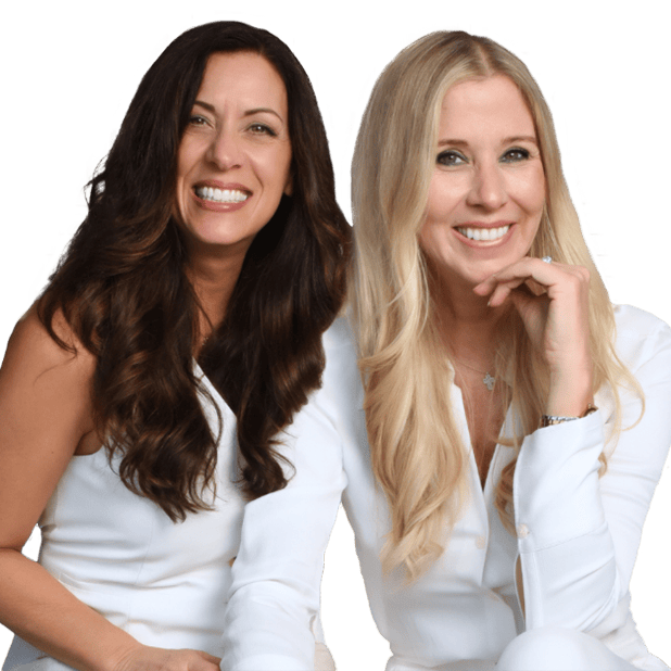 Two women founders with long hair, one with brown and one with blonde, wearing white outfits on a translucent background 