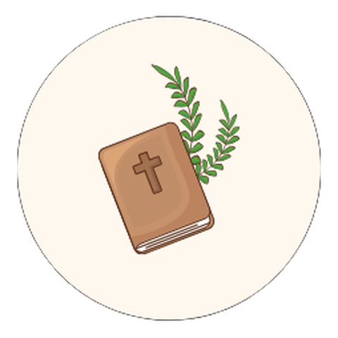 An open Bible with a wheat sprig in a cream circle, the Truth value